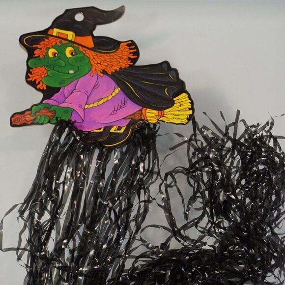 Vintage Flying Witch on Broomstick Black Fringe Halloween Cardboard Die Cut - Picture 4 of 6